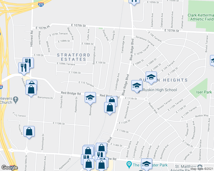 map of restaurants, bars, coffee shops, grocery stores, and more near 11011 Ewing Avenue in Kansas City