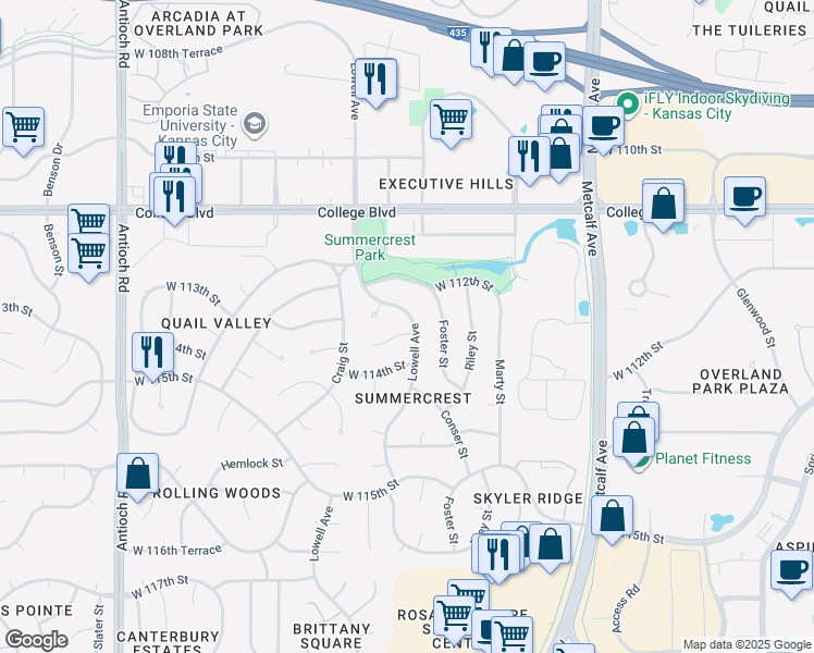 map of restaurants, bars, coffee shops, grocery stores, and more near 7909 West 113th Terrace in Overland Park