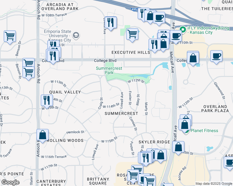 map of restaurants, bars, coffee shops, grocery stores, and more near 7909 West 113th Terrace in Overland Park