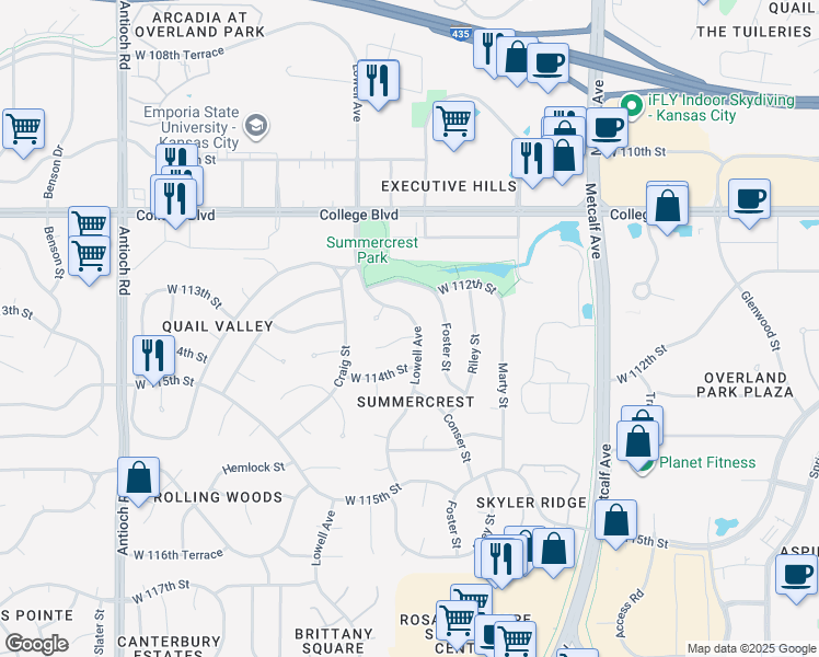 map of restaurants, bars, coffee shops, grocery stores, and more near 7909 West 113th Terrace in Overland Park
