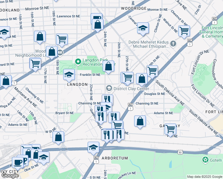 map of restaurants, bars, coffee shops, grocery stores, and more near 2414 Douglas Street Northeast in Washington
