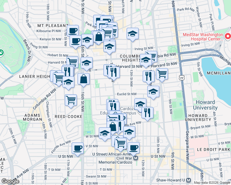map of restaurants, bars, coffee shops, grocery stores, and more near 101 Independence Avenue Southeast in Washington