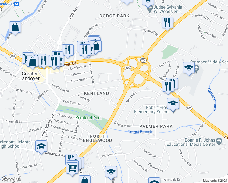 map of restaurants, bars, coffee shops, grocery stores, and more near 2504 Markham Lane in Greater Landover