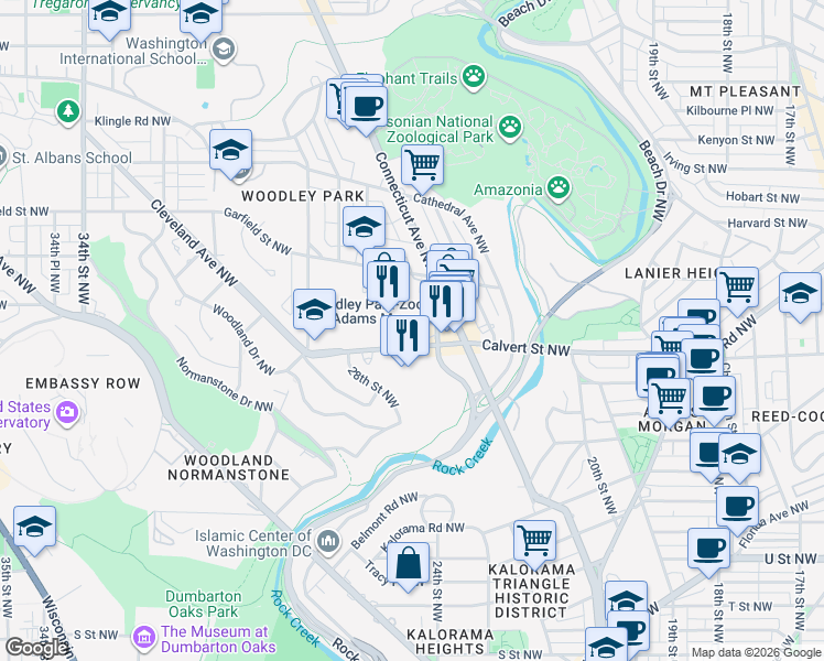 map of restaurants, bars, coffee shops, grocery stores, and more near 2401 Calvert Street Northwest in Washington