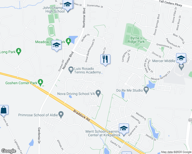 map of restaurants, bars, coffee shops, grocery stores, and more near 41693 McMonagle Square in Aldie
