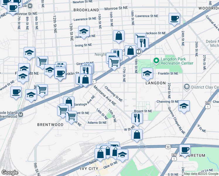 map of restaurants, bars, coffee shops, grocery stores, and more near 1448 Channing Street Northeast in Washington