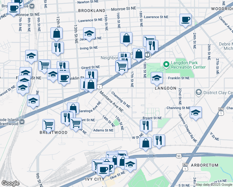 map of restaurants, bars, coffee shops, grocery stores, and more near 1448 Channing Street Northeast in Washington