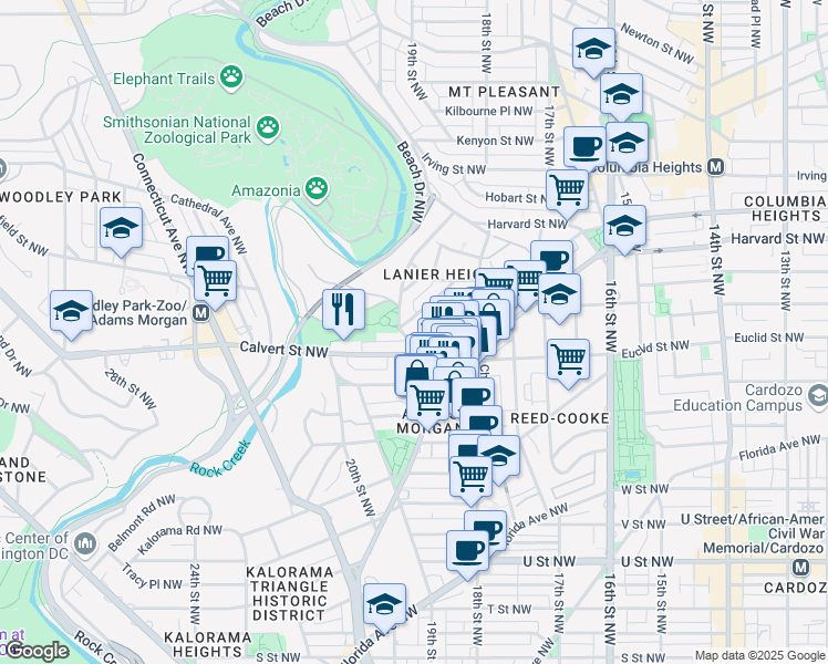 map of restaurants, bars, coffee shops, grocery stores, and more near 2627 Adams Mill Road Northwest in Washington