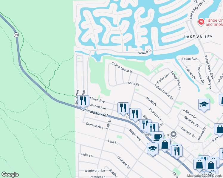 map of restaurants, bars, coffee shops, grocery stores, and more near 612 Anita Drive in South Lake Tahoe
