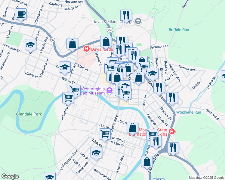map of restaurants, bars, coffee shops, grocery stores, and more near 9 1st Street in Elkins