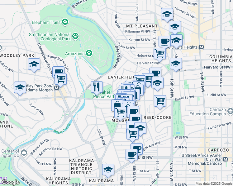 map of restaurants, bars, coffee shops, grocery stores, and more near 2627 Adams Mill Road Northwest in Washington