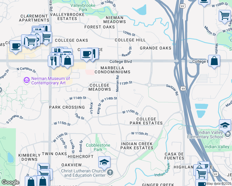 map of restaurants, bars, coffee shops, grocery stores, and more near 11100 West 114th Street in Overland Park