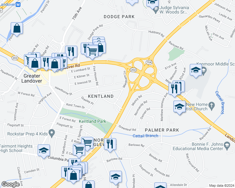 map of restaurants, bars, coffee shops, grocery stores, and more near 2500 Markham Lane in Hyattsville