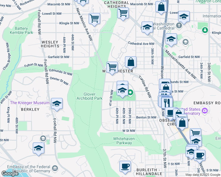 map of restaurants, bars, coffee shops, grocery stores, and more near 2606 41st Street Northwest in Washington