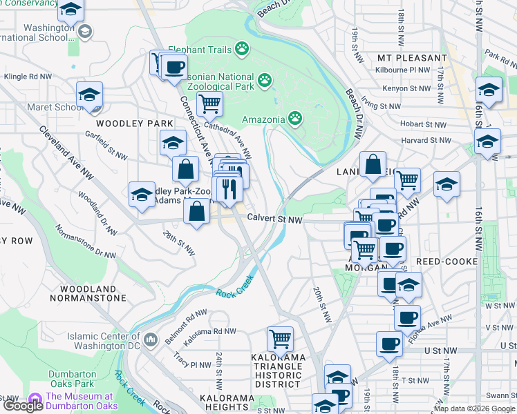 map of restaurants, bars, coffee shops, grocery stores, and more near 2601 Woodley Place Northwest in Washington, D.C.