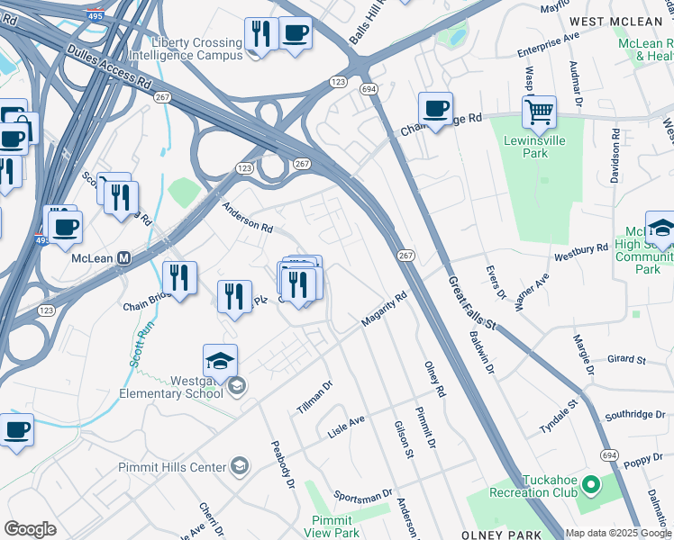 map of restaurants, bars, coffee shops, grocery stores, and more near 1643 Westwind Way in McLean