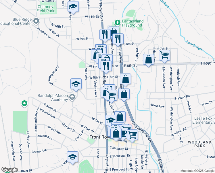 map of restaurants, bars, coffee shops, grocery stores, and more near 405 North Royal Avenue in Front Royal