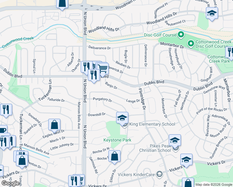 map of restaurants, bars, coffee shops, grocery stores, and more near 6485 Lange Drive in Colorado Springs
