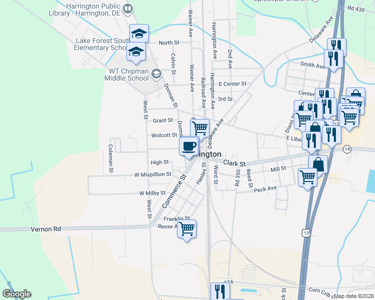 map of restaurants, bars, coffee shops, grocery stores, and more near 6 Dorman Street in Harrington
