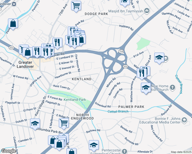 map of restaurants, bars, coffee shops, grocery stores, and more near 2504 Markham Lane in Greater Landover