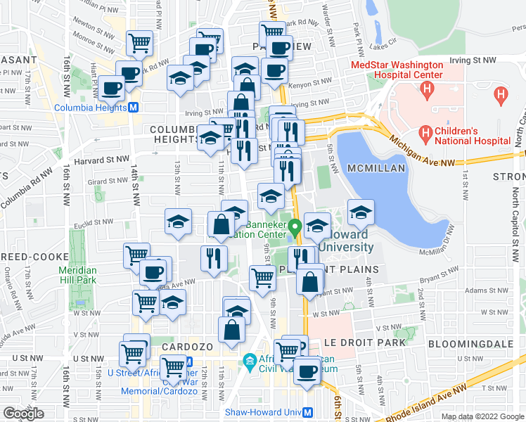 map of restaurants, bars, coffee shops, grocery stores, and more near 9th Street Northwest & Euclid Street Northwest in Washington