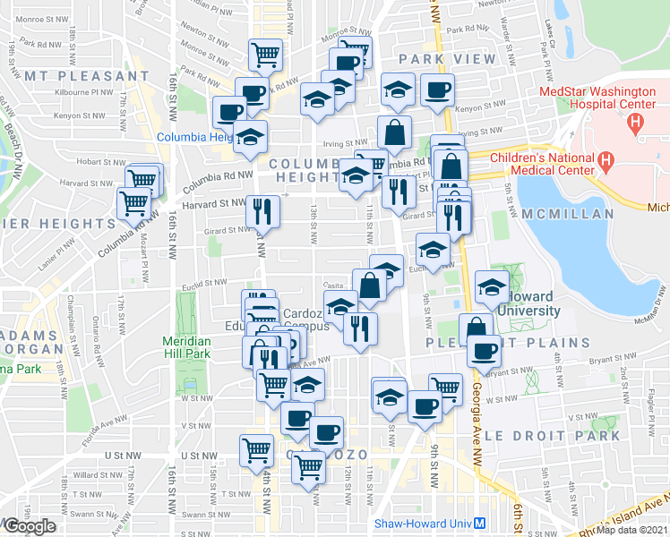 map of restaurants, bars, coffee shops, grocery stores, and more near 101 Independence Avenue Southeast in Washington