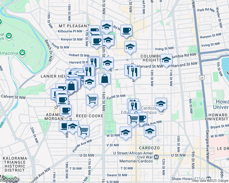 map of restaurants, bars, coffee shops, grocery stores, and more near 2633 15th Street Northwest in Washington