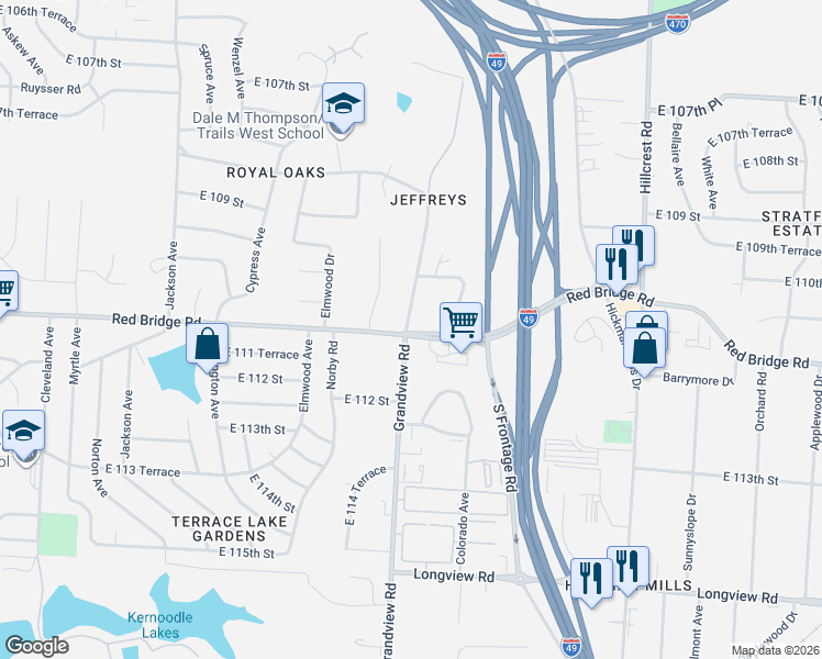 map of restaurants, bars, coffee shops, grocery stores, and more near 5111 East Red Bridge Road in Kansas City