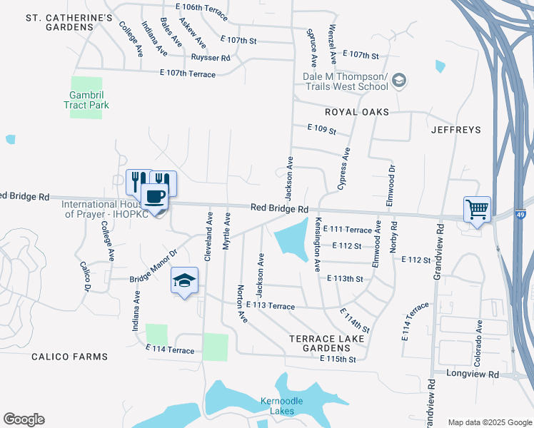 map of restaurants, bars, coffee shops, grocery stores, and more near 4106 East 112 Street in Kansas City