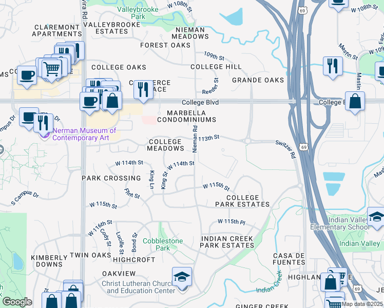 map of restaurants, bars, coffee shops, grocery stores, and more near 11100 West 114th Street in Overland Park