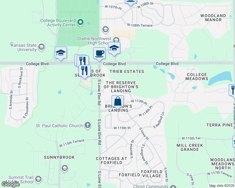 map of restaurants, bars, coffee shops, grocery stores, and more near 11337 South Lakecrest Drive in Olathe