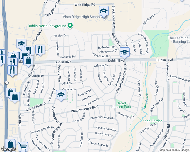 map of restaurants, bars, coffee shops, grocery stores, and more near 6351 Balance Circle in Colorado Springs