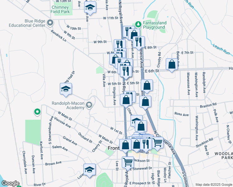 map of restaurants, bars, coffee shops, grocery stores, and more near 405 Virginia Avenue in Front Royal