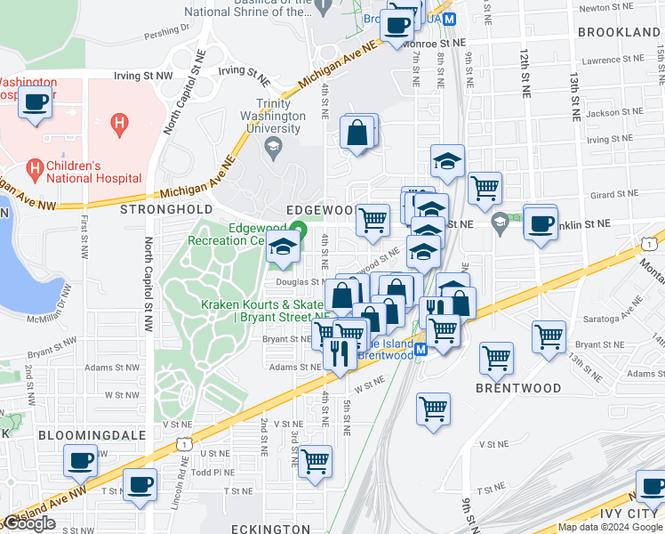 map of restaurants, bars, coffee shops, grocery stores, and more near 2615 4th Street Northeast in Washington