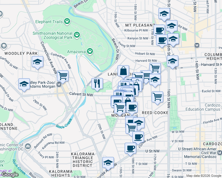 map of restaurants, bars, coffee shops, grocery stores, and more near 2630 Adams Mill Road Northwest in Washington