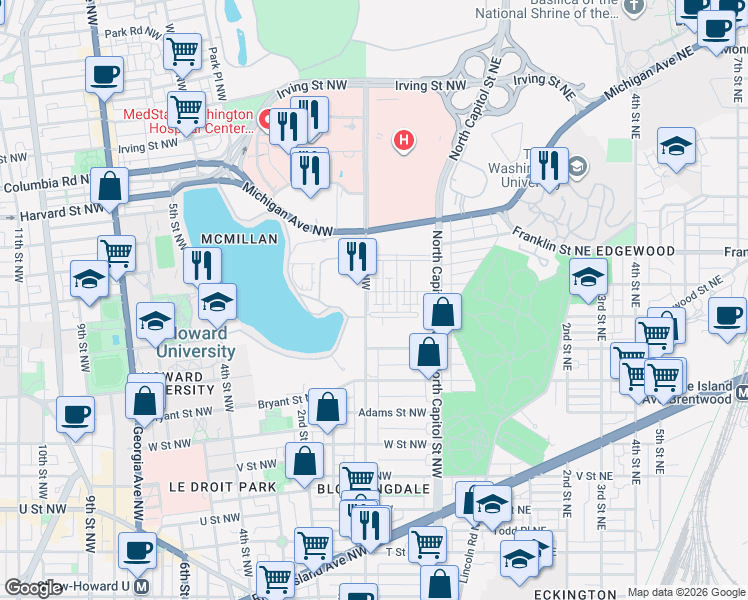 map of restaurants, bars, coffee shops, grocery stores, and more near 101 Independence Avenue Southeast in Washington