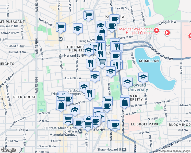 map of restaurants, bars, coffee shops, grocery stores, and more near 101 Independence Avenue Southeast in Washington