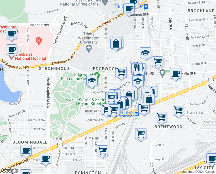 map of restaurants, bars, coffee shops, grocery stores, and more near 2615 4th Street Northeast in Washington