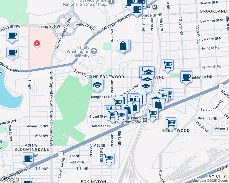 map of restaurants, bars, coffee shops, grocery stores, and more near 2615 4th Street Northeast in Washington