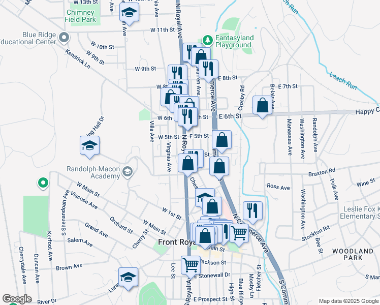 map of restaurants, bars, coffee shops, grocery stores, and more near 405 North Royal Avenue in Front Royal