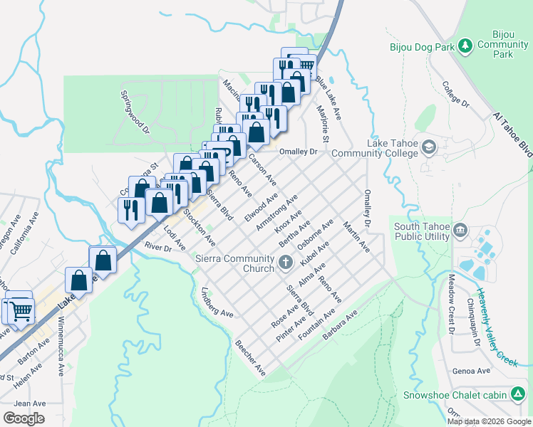 map of restaurants, bars, coffee shops, grocery stores, and more near 1104 Reno Avenue in South Lake Tahoe