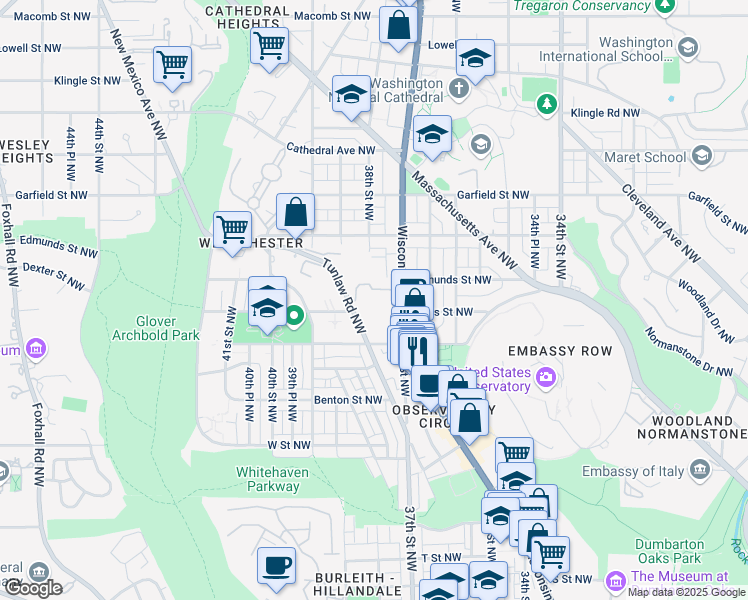 map of restaurants, bars, coffee shops, grocery stores, and more near 2650 Wisconsin Avenue Northwest in Washington
