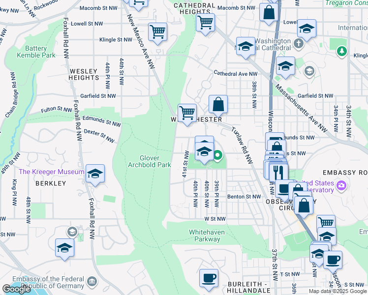 map of restaurants, bars, coffee shops, grocery stores, and more near 2610 41st Street Northwest in Washington