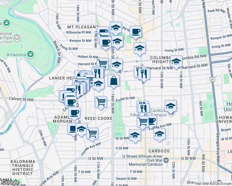 map of restaurants, bars, coffee shops, grocery stores, and more near 2633 16th Street Northwest in Washington