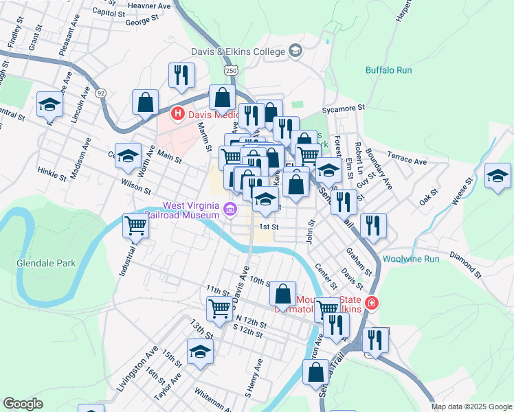 map of restaurants, bars, coffee shops, grocery stores, and more near 116 2nd Street in Elkins