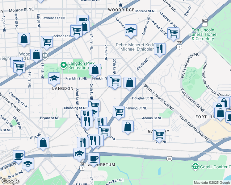 map of restaurants, bars, coffee shops, grocery stores, and more near 101 Independence Avenue Southeast in Washington