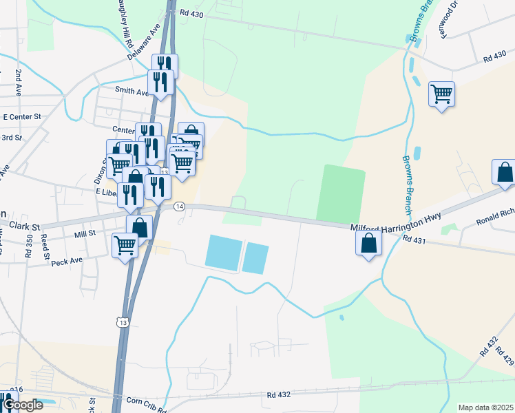 map of restaurants, bars, coffee shops, grocery stores, and more near 6893 Milford Harrington Highway in Harrington