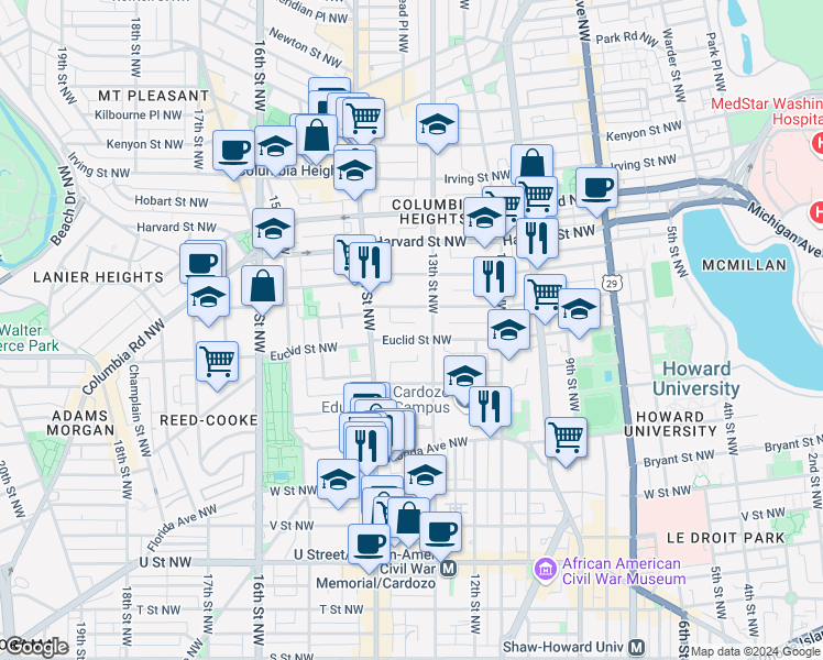 map of restaurants, bars, coffee shops, grocery stores, and more near 1321 Euclid Street Northwest in Washington