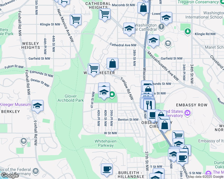 map of restaurants, bars, coffee shops, grocery stores, and more near 2616 39th Street Northwest in Washington