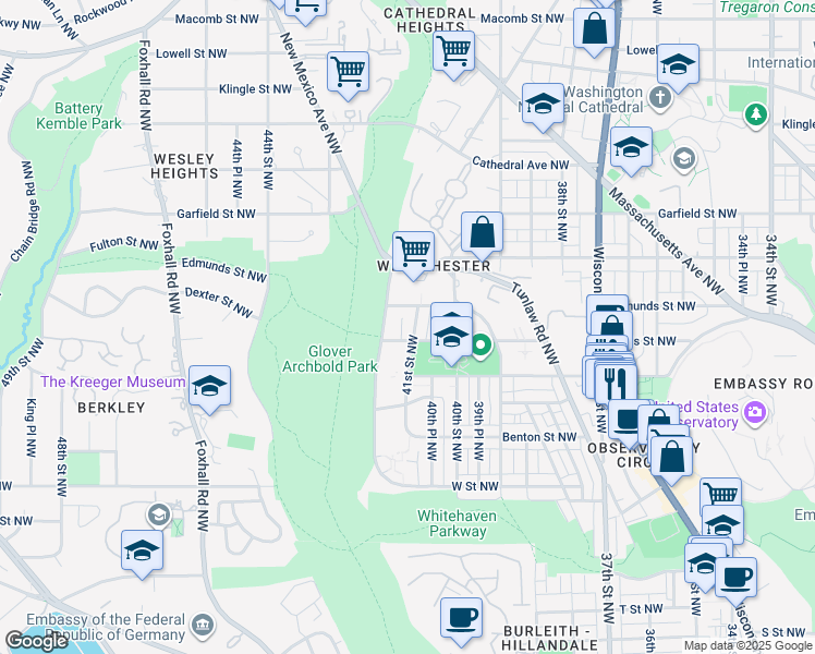 map of restaurants, bars, coffee shops, grocery stores, and more near 2610 41st Street Northwest in Washington